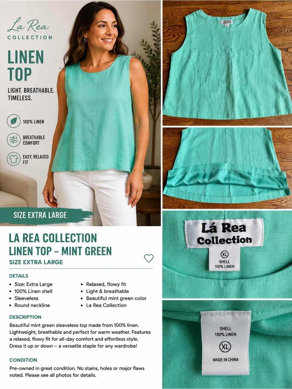 La Rea Collection 100% Linen Sleeveless Top Mint Green XL